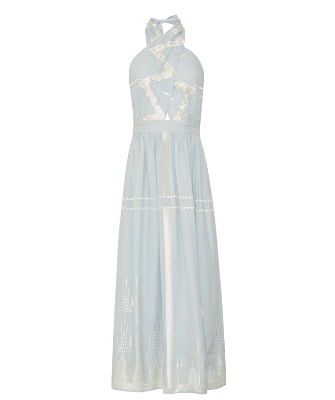 sachin and babi light blue dress Greek Archaic Kori Sage gold linen embroidered Ios wrap midi dress main image 1