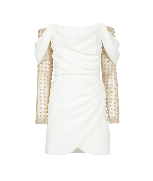 costarellos nandi off-the-shoulder draped crepe mini dress Costarellos Nandi Off-The-Shoulder Draped Crepe Mini Dress