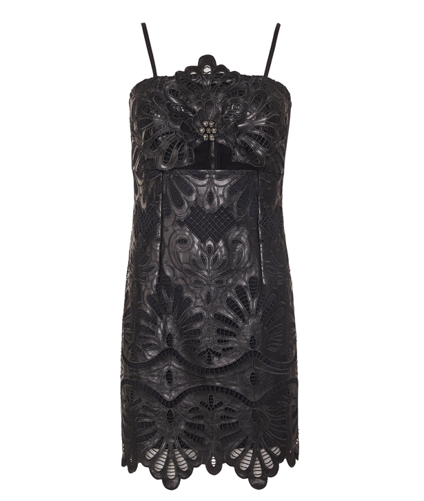 Lace Black Faux Leather Embroidered Serafina Mini Dress