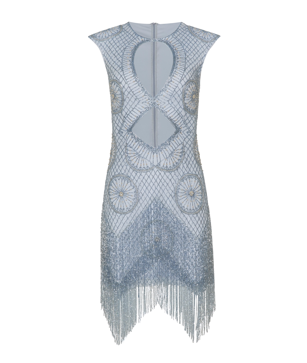 Vaisa Light blue beaded mini dress with fringes | aesthet.com