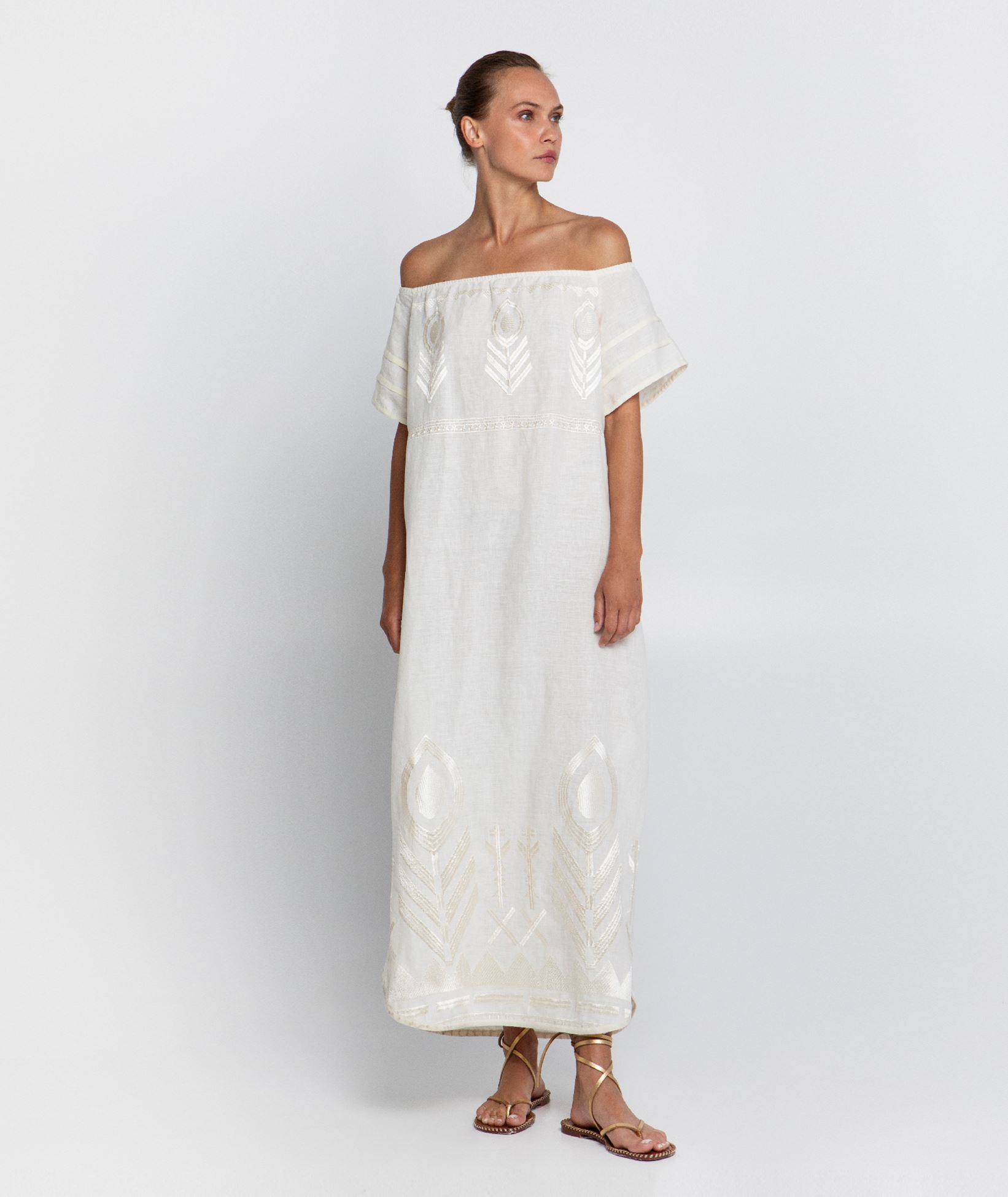 Greek Archaic Kori Ivory champagne linen embroidered Feather off shoulder  midi dress < Dresses - Greek Dresses, Top designer brands | aesthet.com