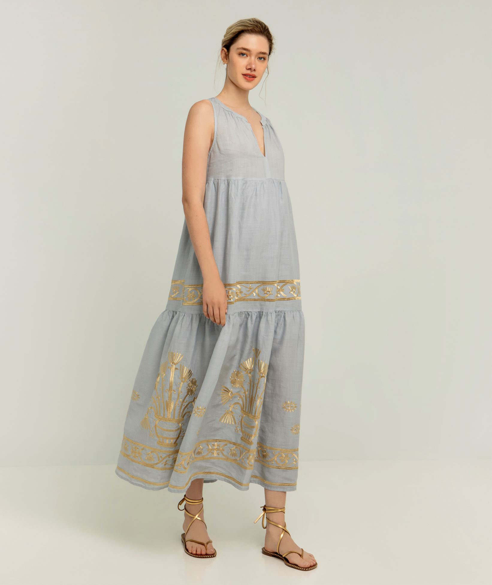 Greek Archaic Kori Light grey gold embroidered Crete maxi dress < Dresses - Greek  Dresses, Top designer brands | aesthet.com