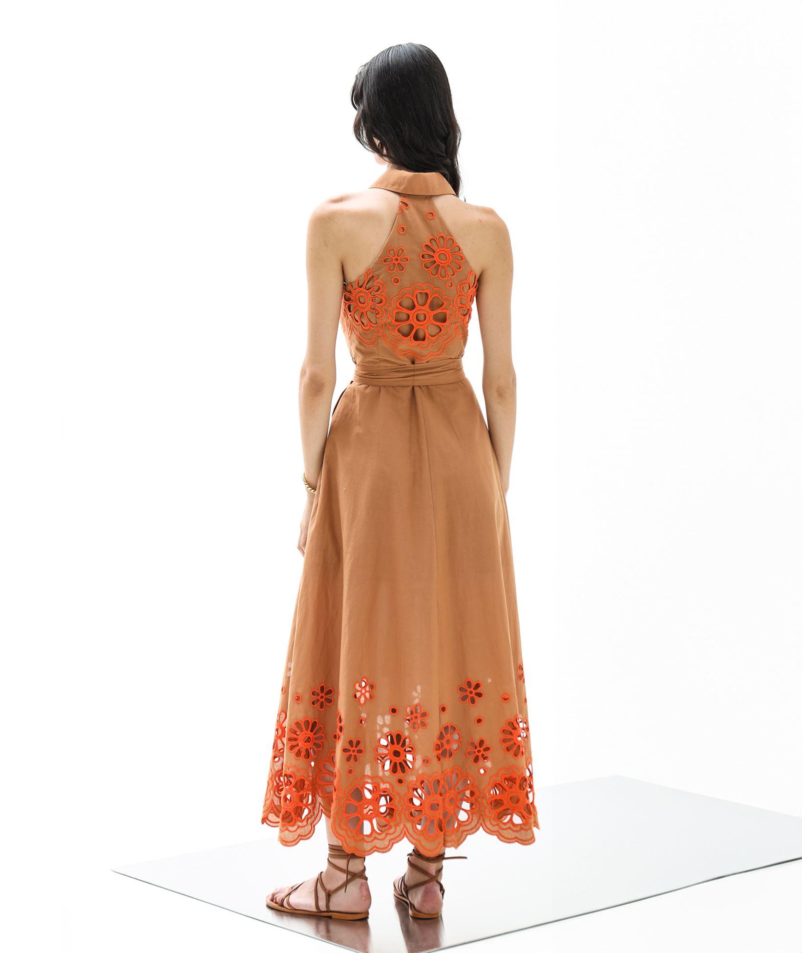 Lace Brown orange cotton embroidered sleeveless Nausica belted shirt dress  < Dresses - Greek Dresses, Top designer brands