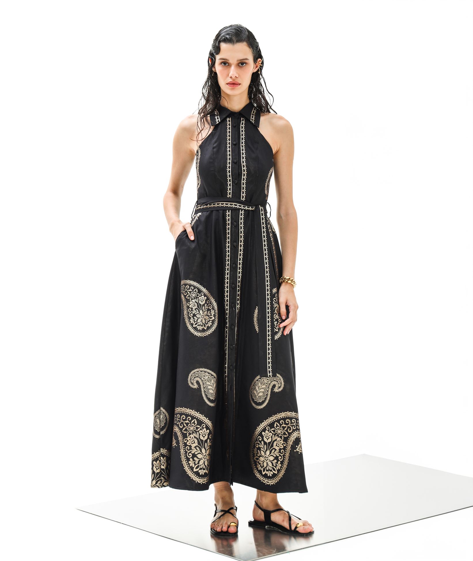 black and gold paisley dress Black and Gold Paisley Print Bodycon Dress XL / Black and Gold / Stretchy