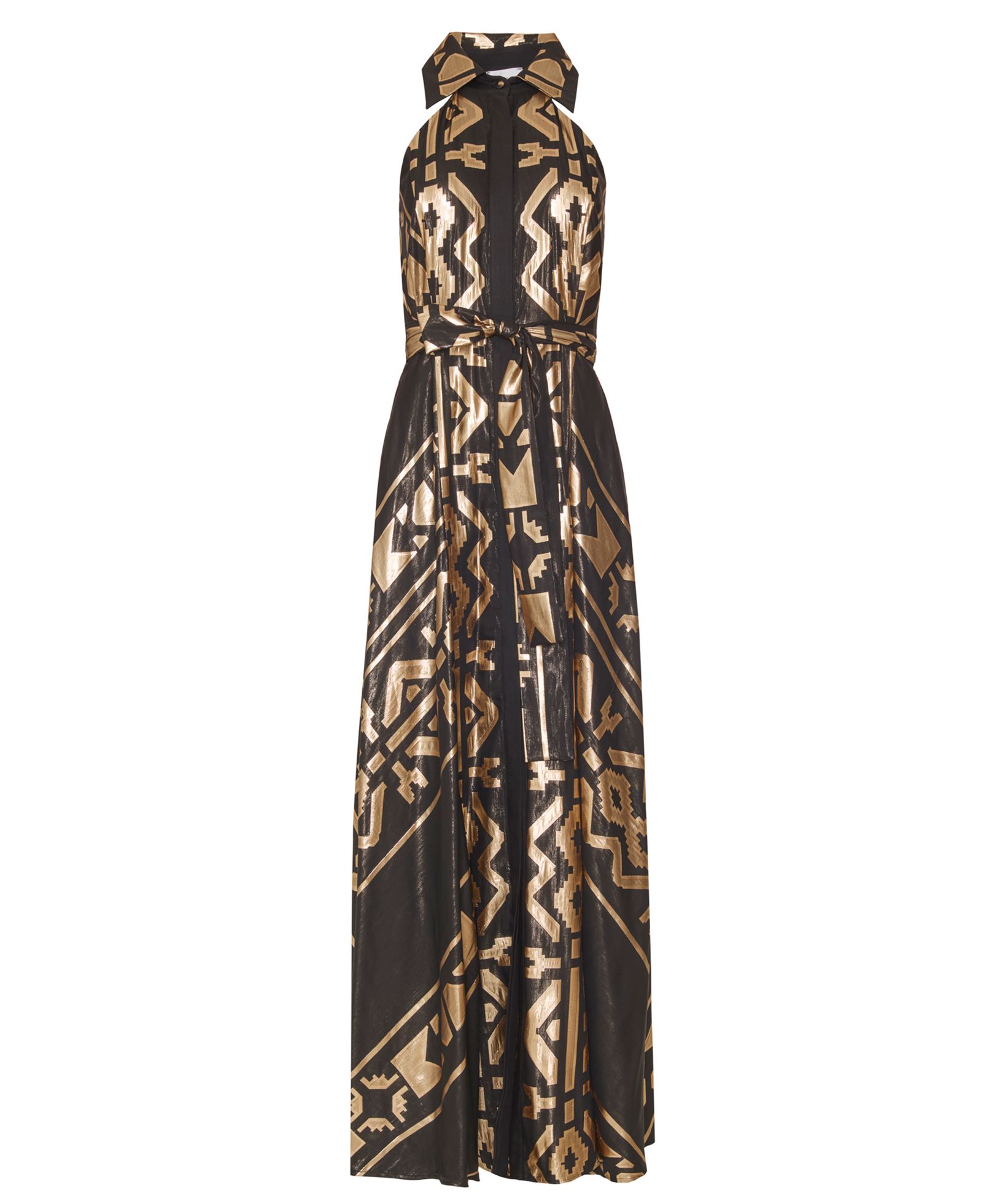Lace Black Gold Jacquard Sleeveless Althea Belted Shirt Dress