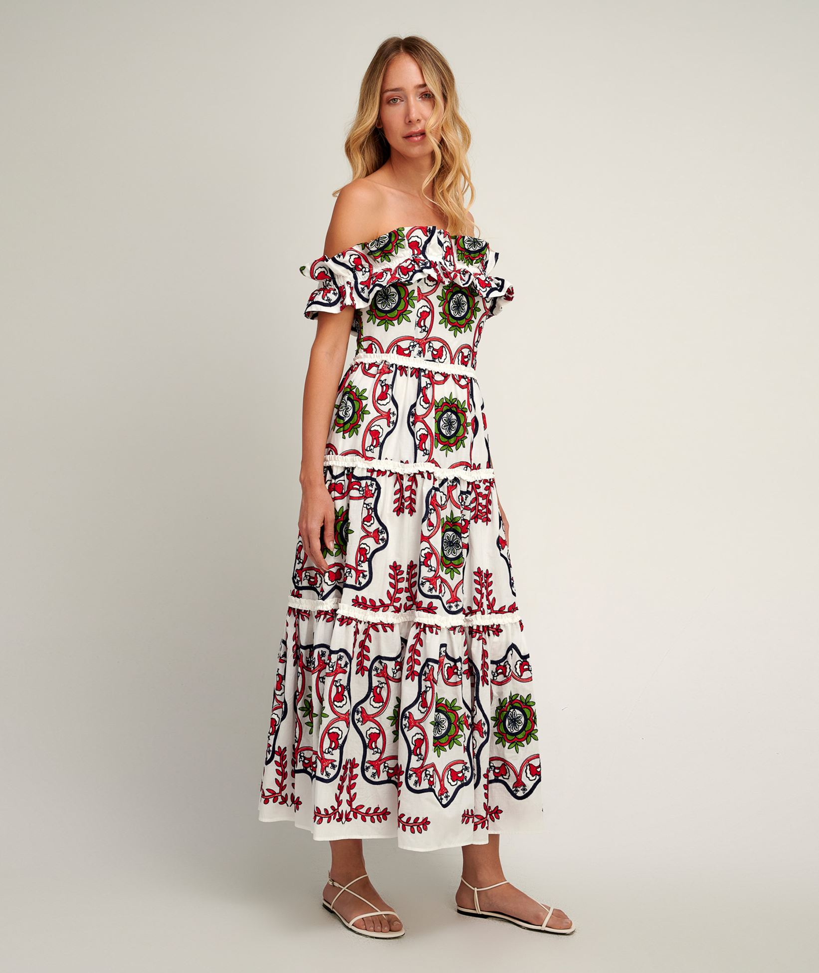 Pearl & Caviar White red embroidered cotton off shoulder Samarina dress <  Dresses - Greek Dresses, Top designer brands | aesthet.com