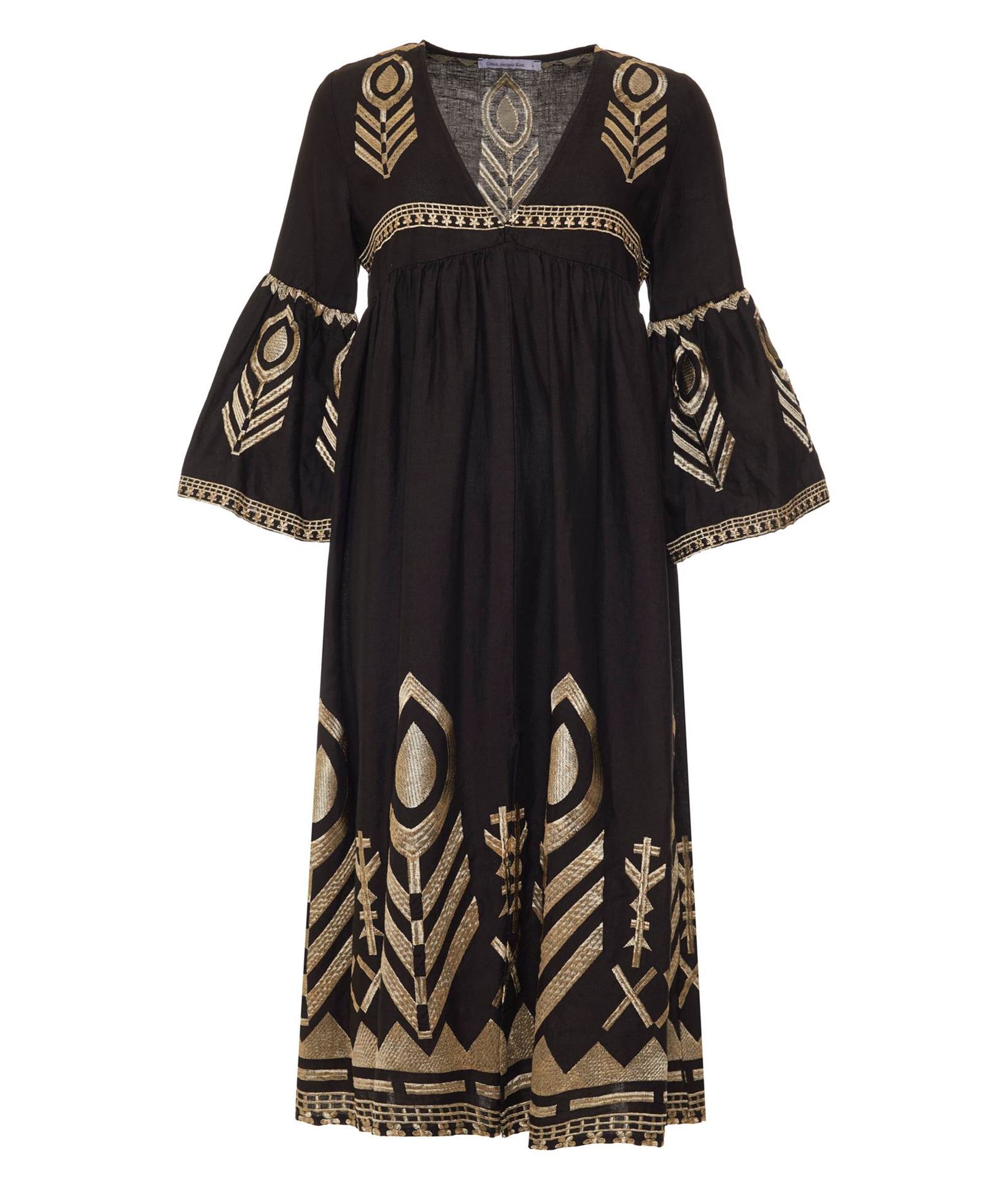 Greek Archaic Kori Black gold linen embroidered Feather ruffled midi dress < Dresses - Greek Dresses, Top designer brands | aesthet.com Greek Archaic Kori Black gold linen embroidered Feather ruffled midi dress < Dresses - Greek Dresses, Top designer brands | aesthet.com