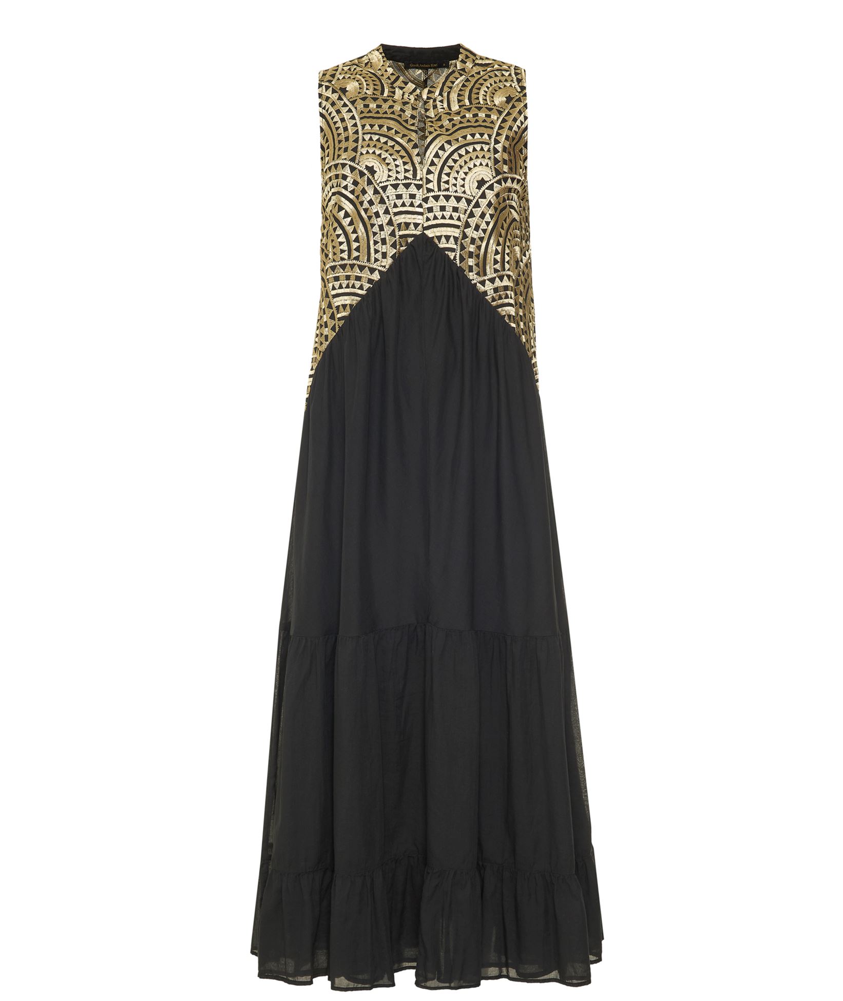 Greek Archaic Kori Black Gold Cotton Embroidered New Triangle Midi Dress
