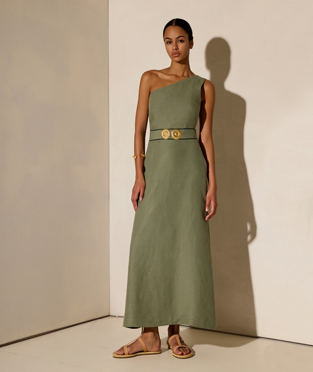 Ancient Kallos Olive green linen one shoulder Ino maxi dress < Dresses -  Greek Dresses, Top designer brands | aesthet.com