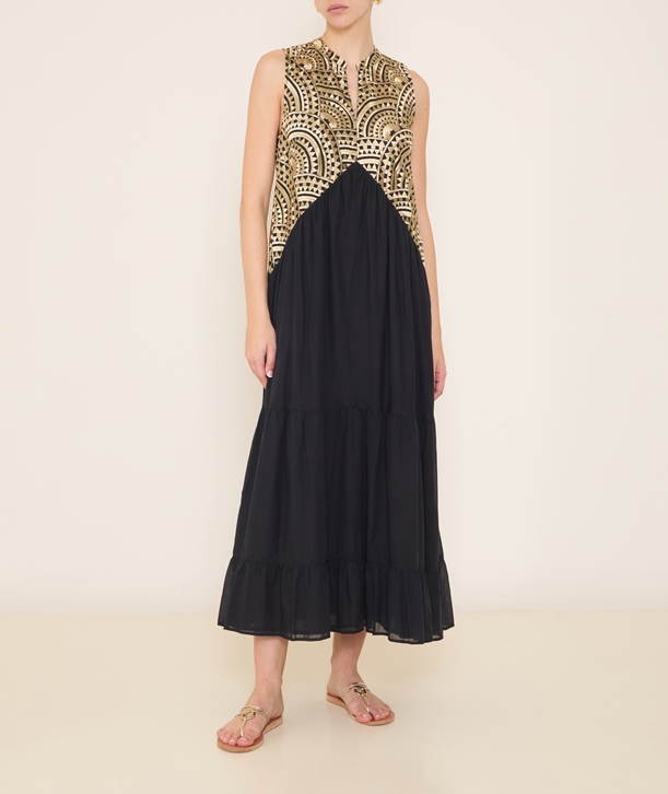 Greek Archaic Kori Black gold cotton embroidered New Triangle midi dress <  Dresses - Greek Dresses, Top designer brands | aesthet.com