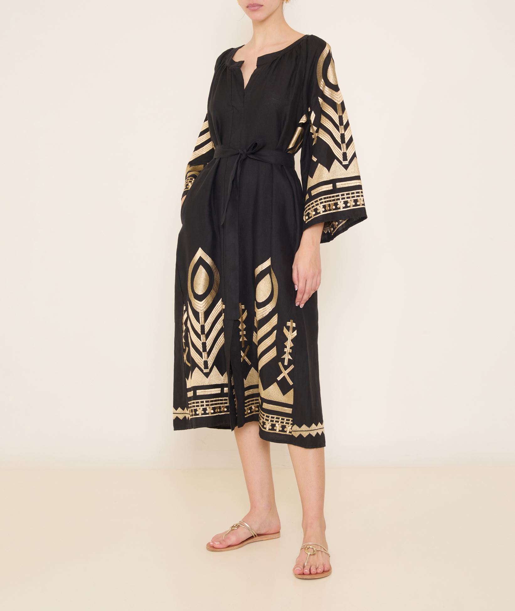 Greek Archaic Kori Black gold linen embroidered Feather midi shirt dress <  Dresses - Greek Dresses, Top designer brands | aesthet.com