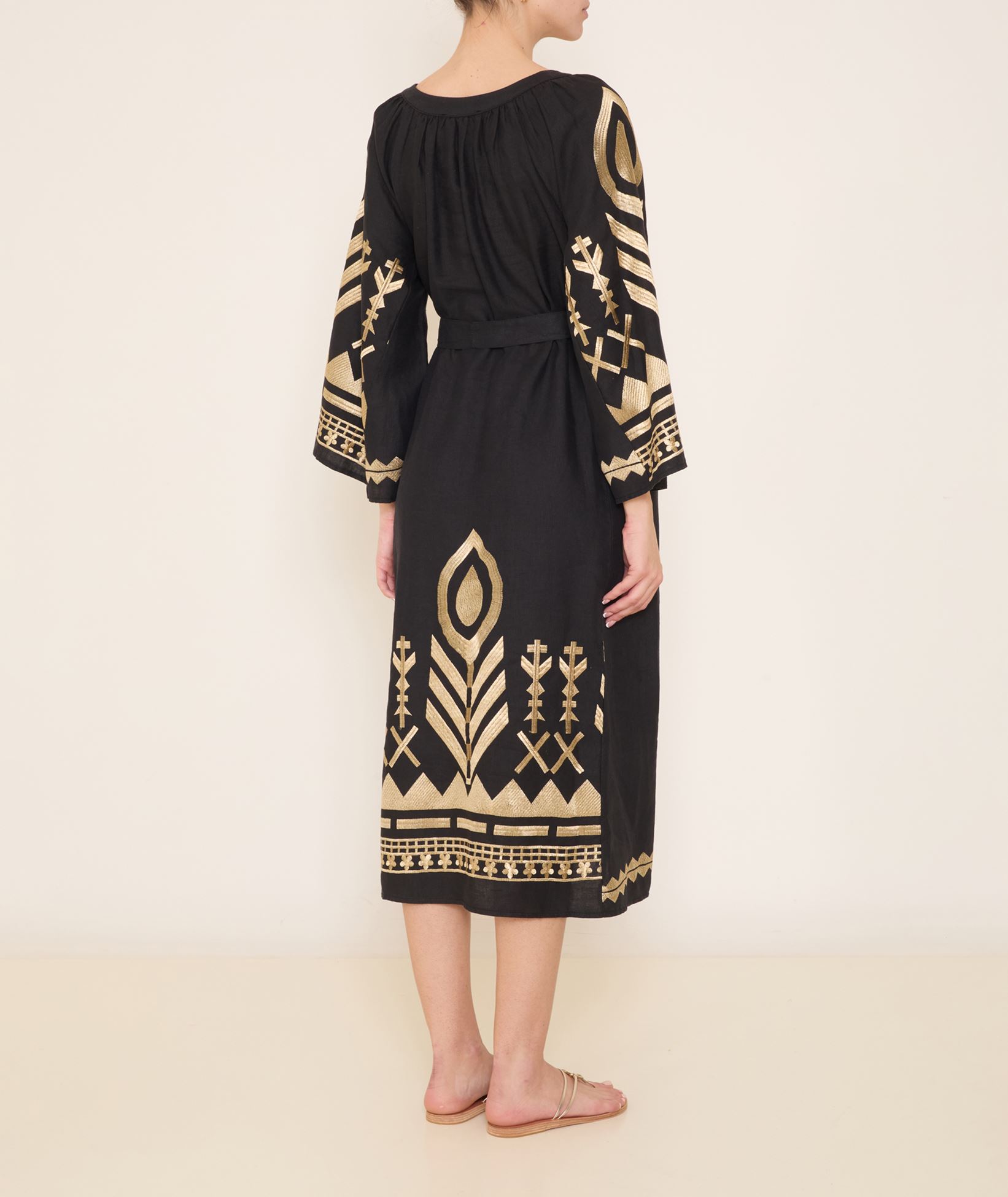 slim fit dress slacks Elegant Black Long Dress with Painted Feather Neckline by T.ba main image 0