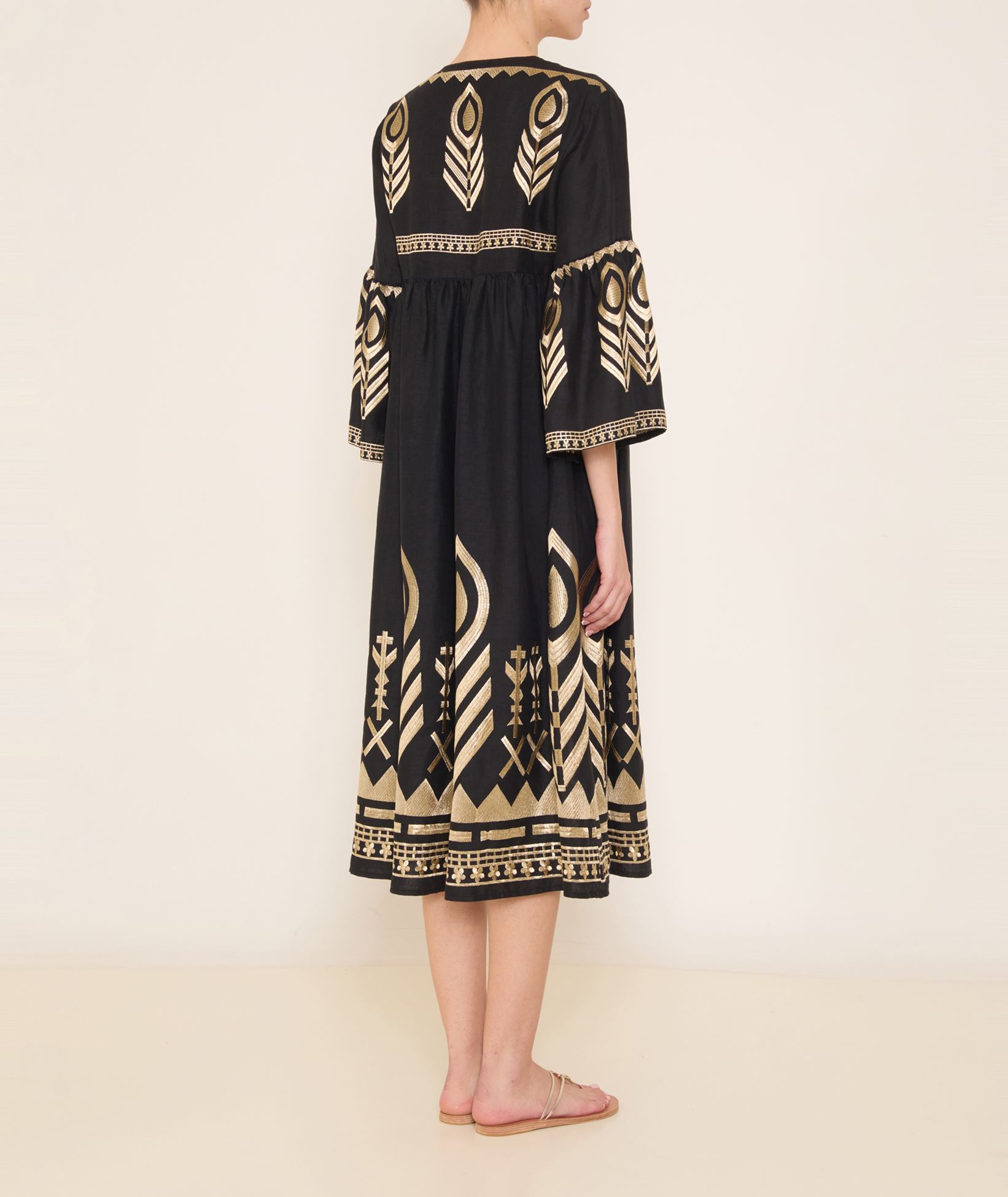 Greek Archaic Kori Black gold linen embroidered Feather ruffled midi dress  < Dresses - Greek Dresses, Top designer brands | aesthet.com