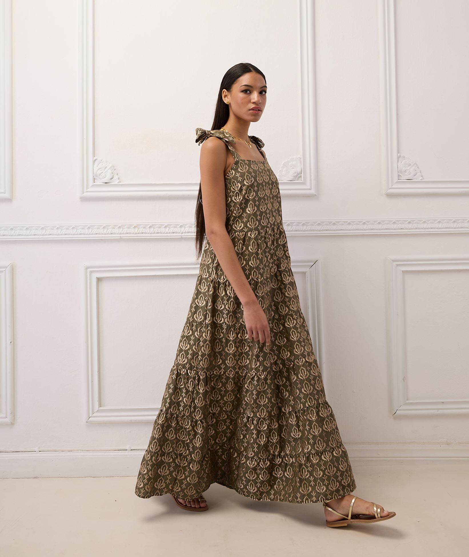 Etoile Coral Khaki gold cotton embroidered sleeveless Cannes maxi dress <  Dresses - Greek Dresses, Top designer brands | aesthet.com