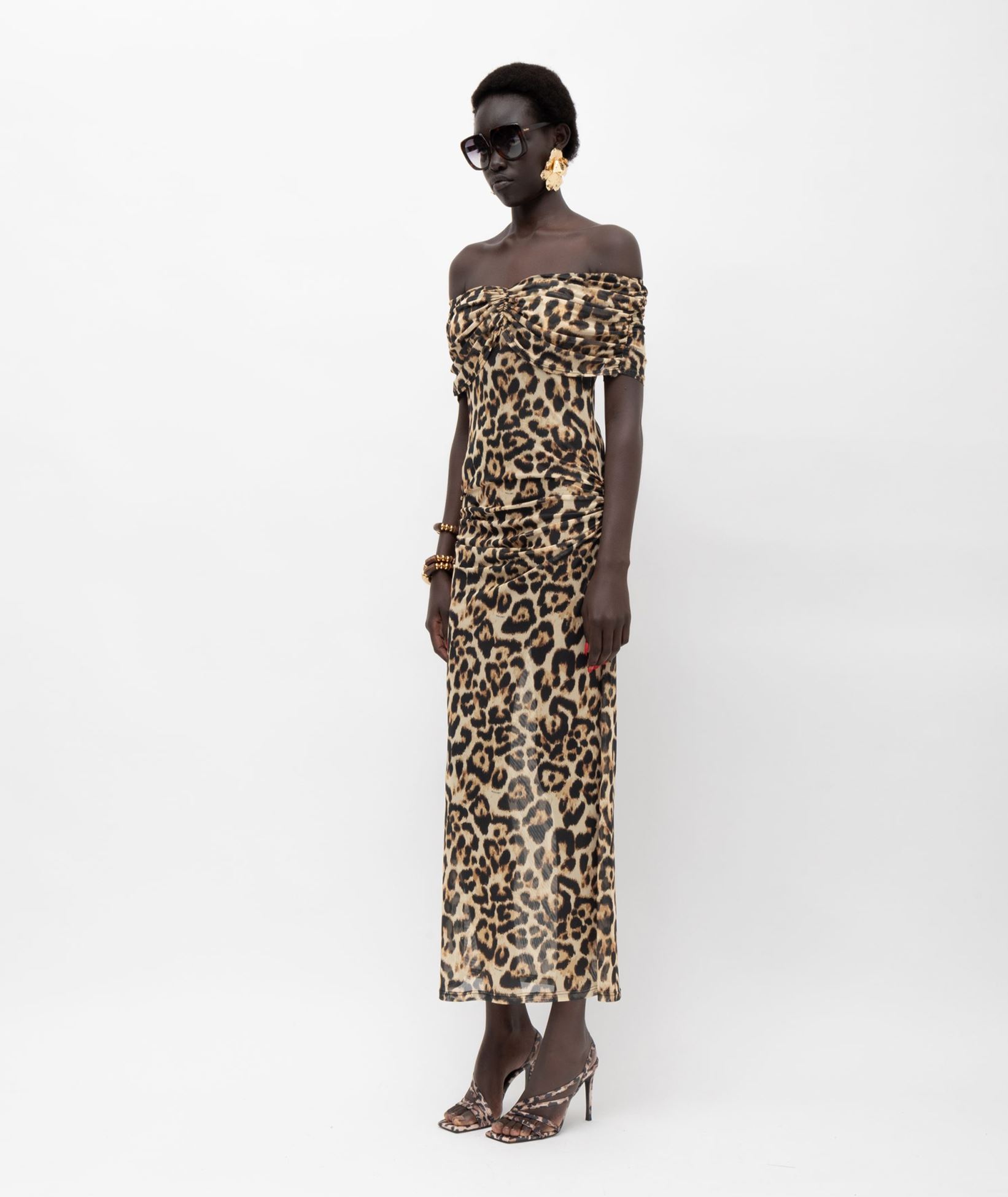 off the shoulder leopard print maxi dress Leopard Satin One Shoulder Maxi Dress With Slit