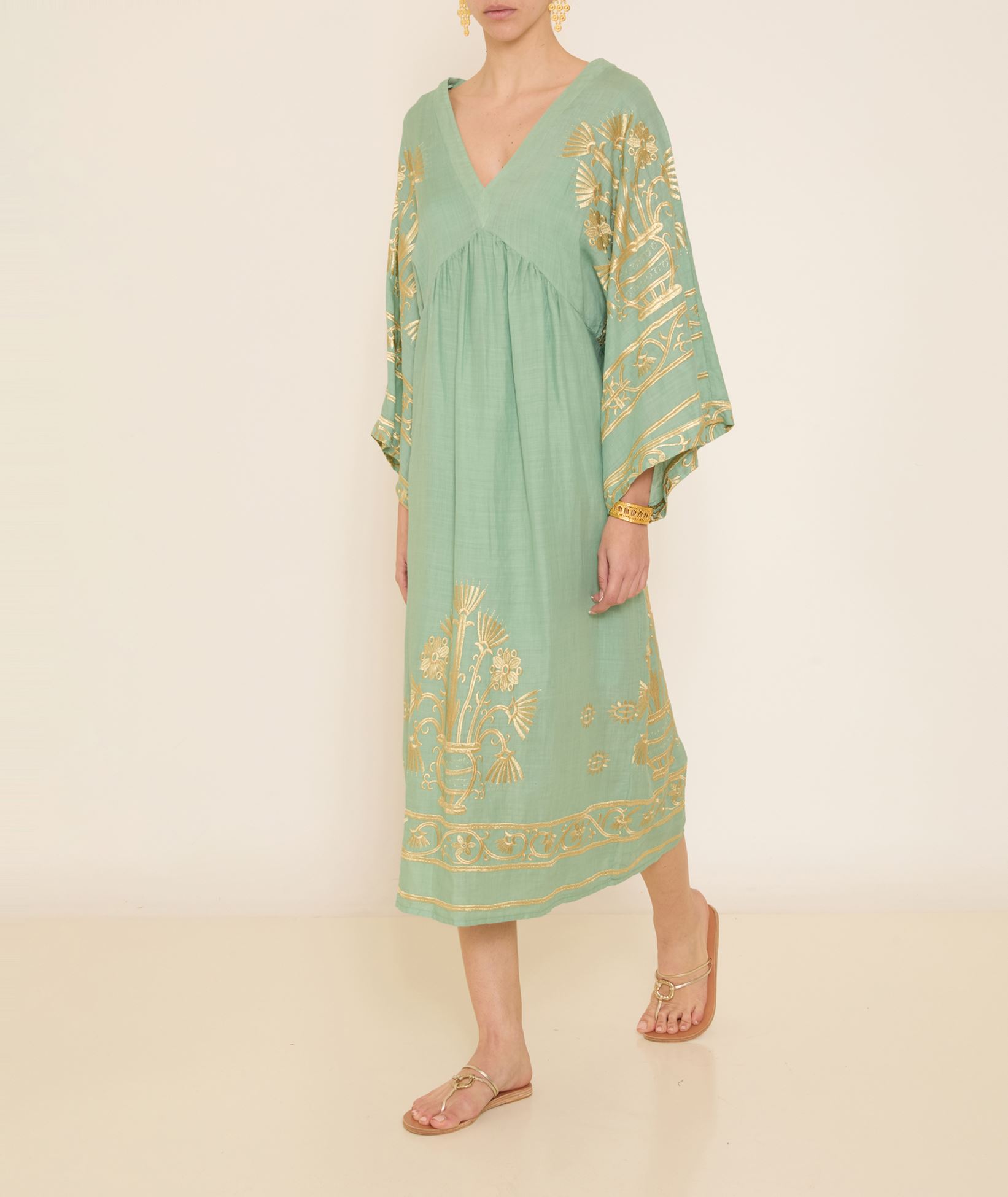 Greek Archaic Kori Sea green gold embroidered Crete midi dress < Dresses - Greek  Dresses, Top designer brands | aesthet.com