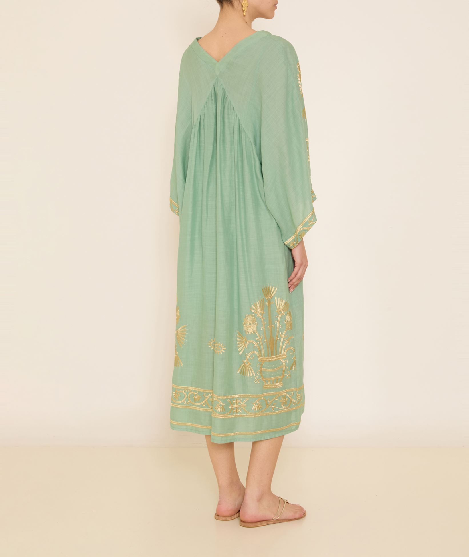 Greek Archaic Kori Sea green gold embroidered Crete midi dress < Dresses - Greek  Dresses, Top designer brands | aesthet.com