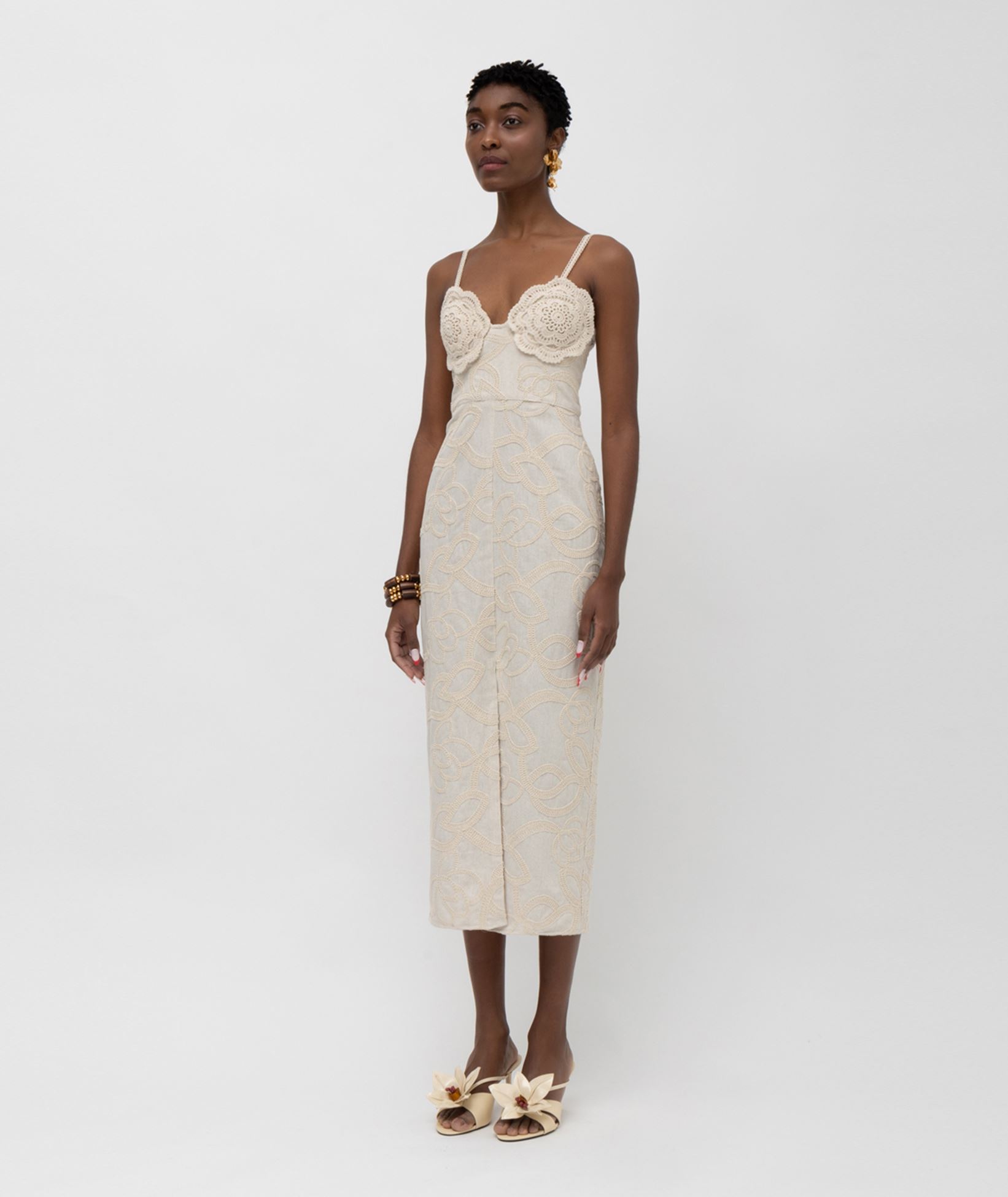 Mallory The Label Beige lace embroidered crochet Ebony midi dress