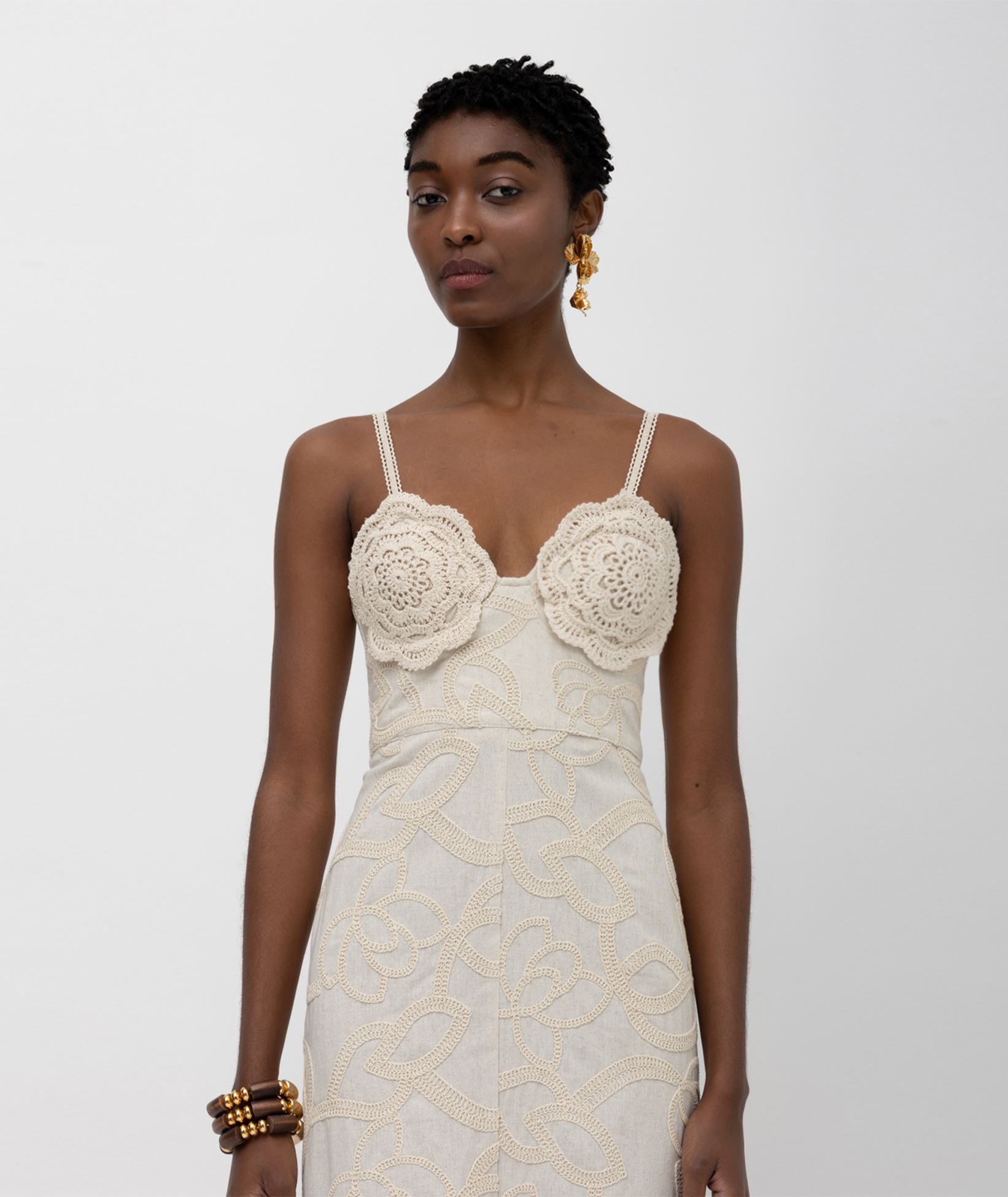 Mallory The Label Beige lace embroidered crochet Ebony midi dress < Dresses  - Greek Dresses, Top designer brands | aesthet.com