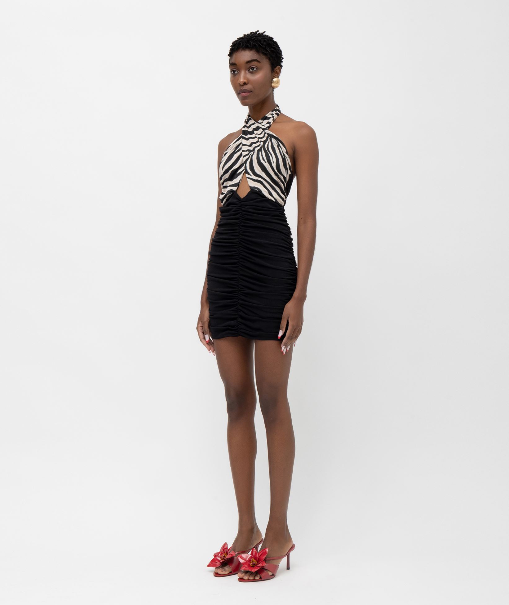 Mallory The Label Black white printed ruched Eclipse halter mini dress <  Dresses - Greek Dresses, Top designer brands | aesthet.com