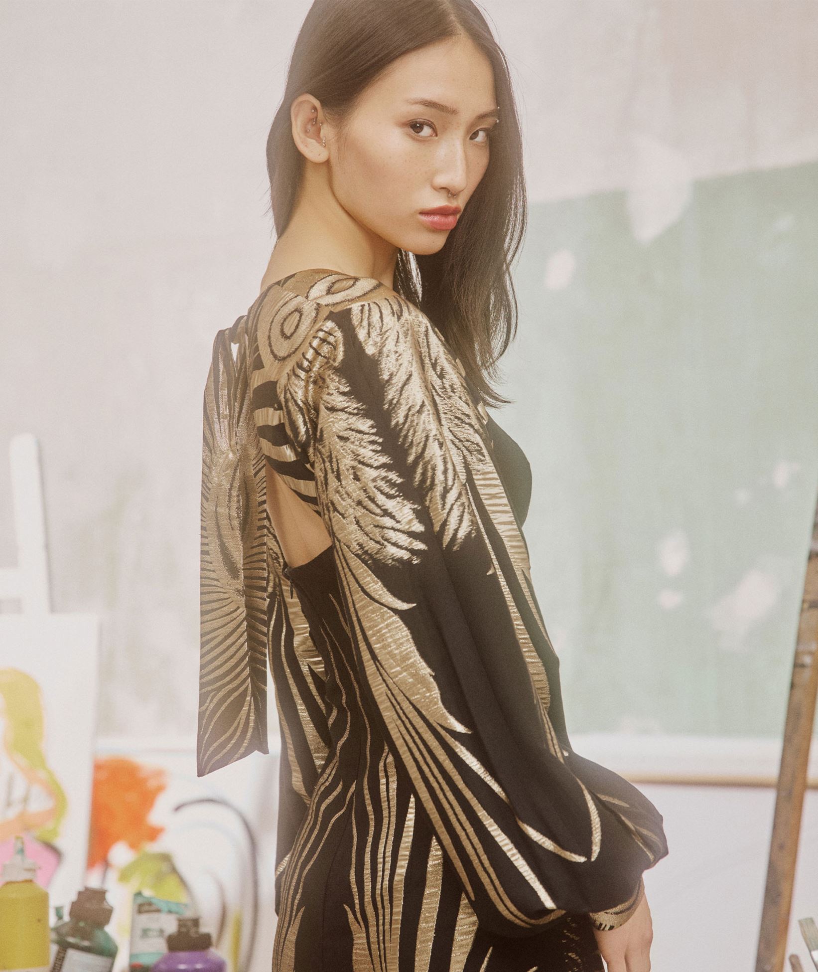 black dress with gold foil print Sabine Black and Gold Foil Print Mini Dress