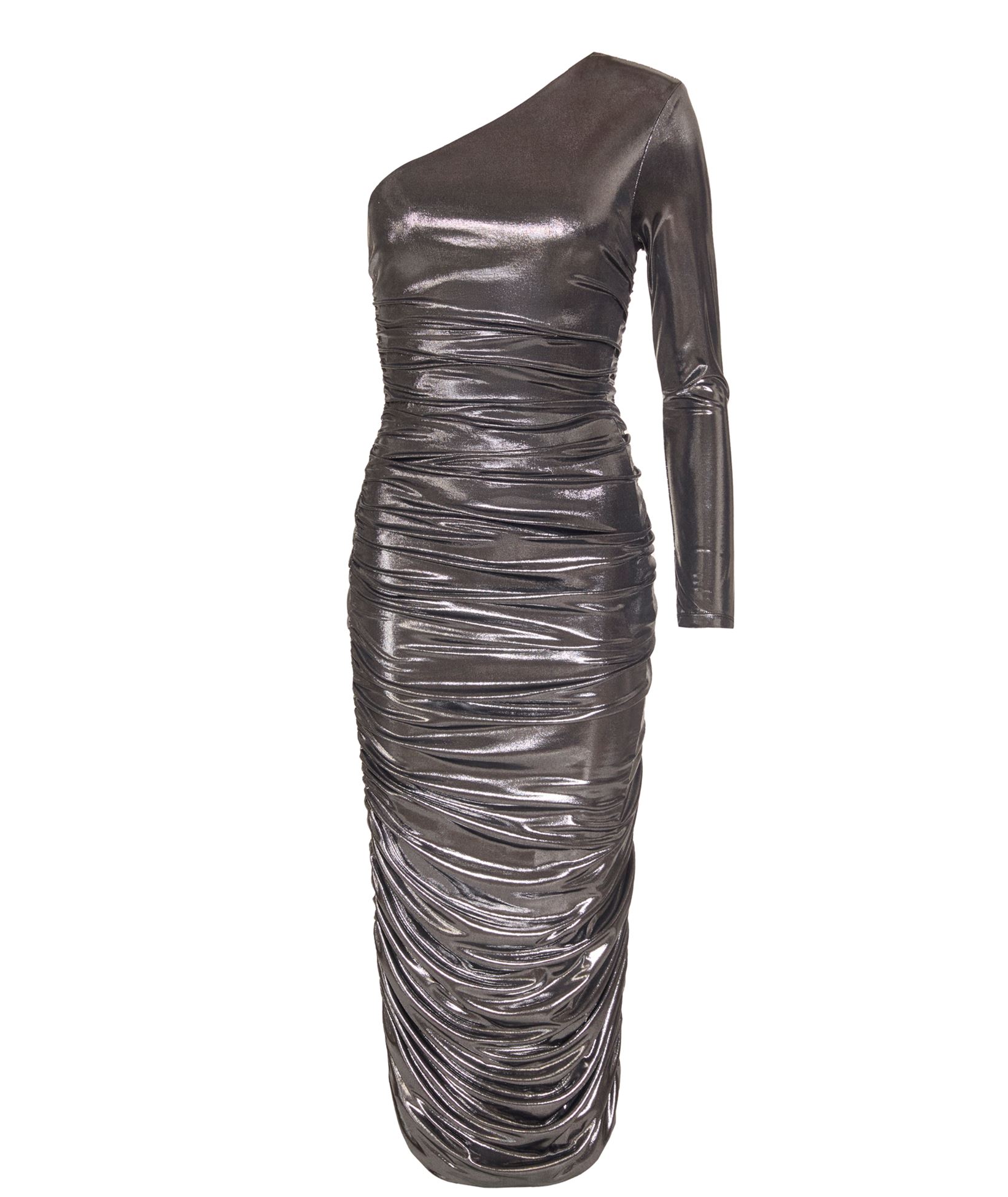Zoya Silver Metallic Draped One Shoulder Midi Dress