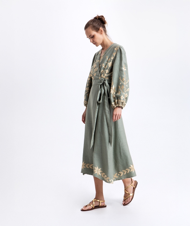 Greek Archaic Kori Sage gold linen embroidered Ios wrap midi dress
