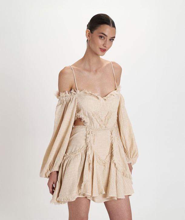 cotton on beige dress Smocked cotton dress in midi length - Light beige