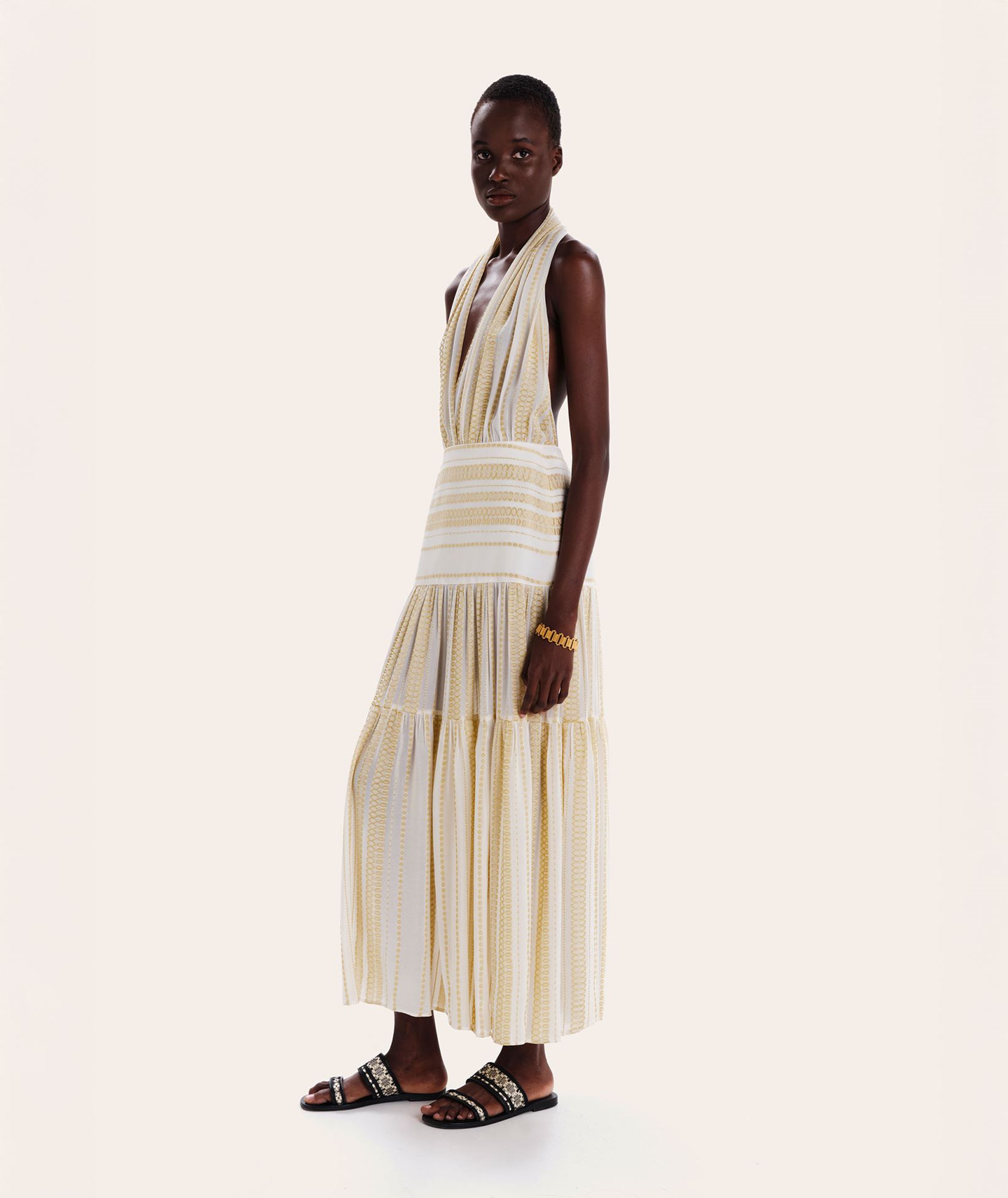 Zeus+Dione Ivory gold silk Cosma halter maxi dress | aesthet.com