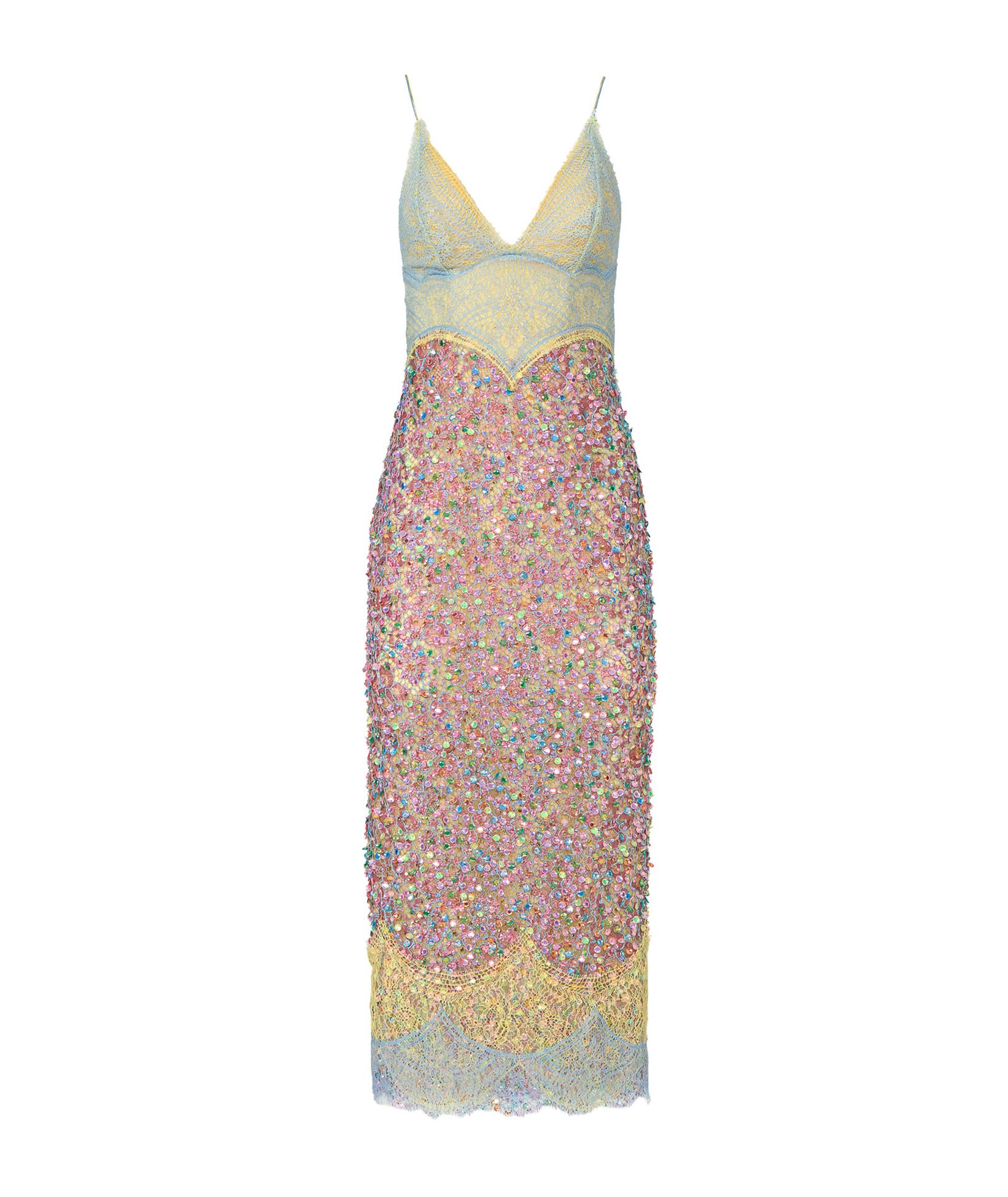 Costarellos Ciel yellow lace sequin-embellished Alessia midi dress |  aesthet.com