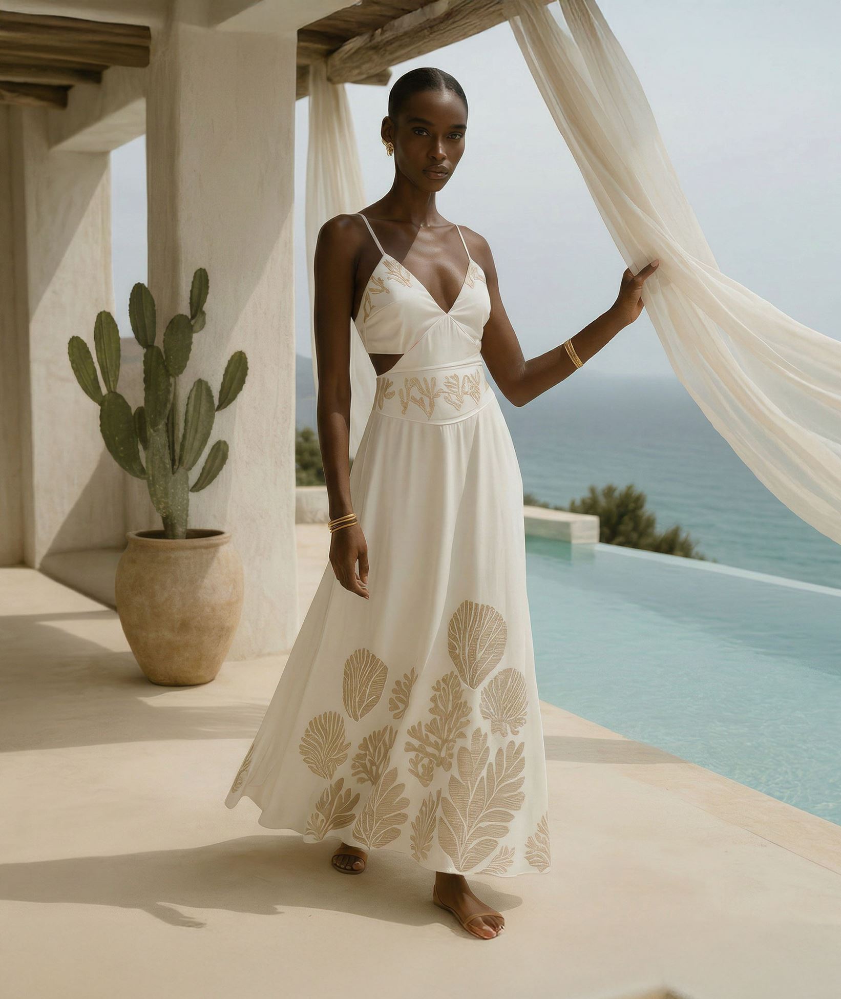 Lace Ivory gold cut-out Ondira maxi dress < Dresses - Greek Dresses, Top  designer brands | aesthet.com