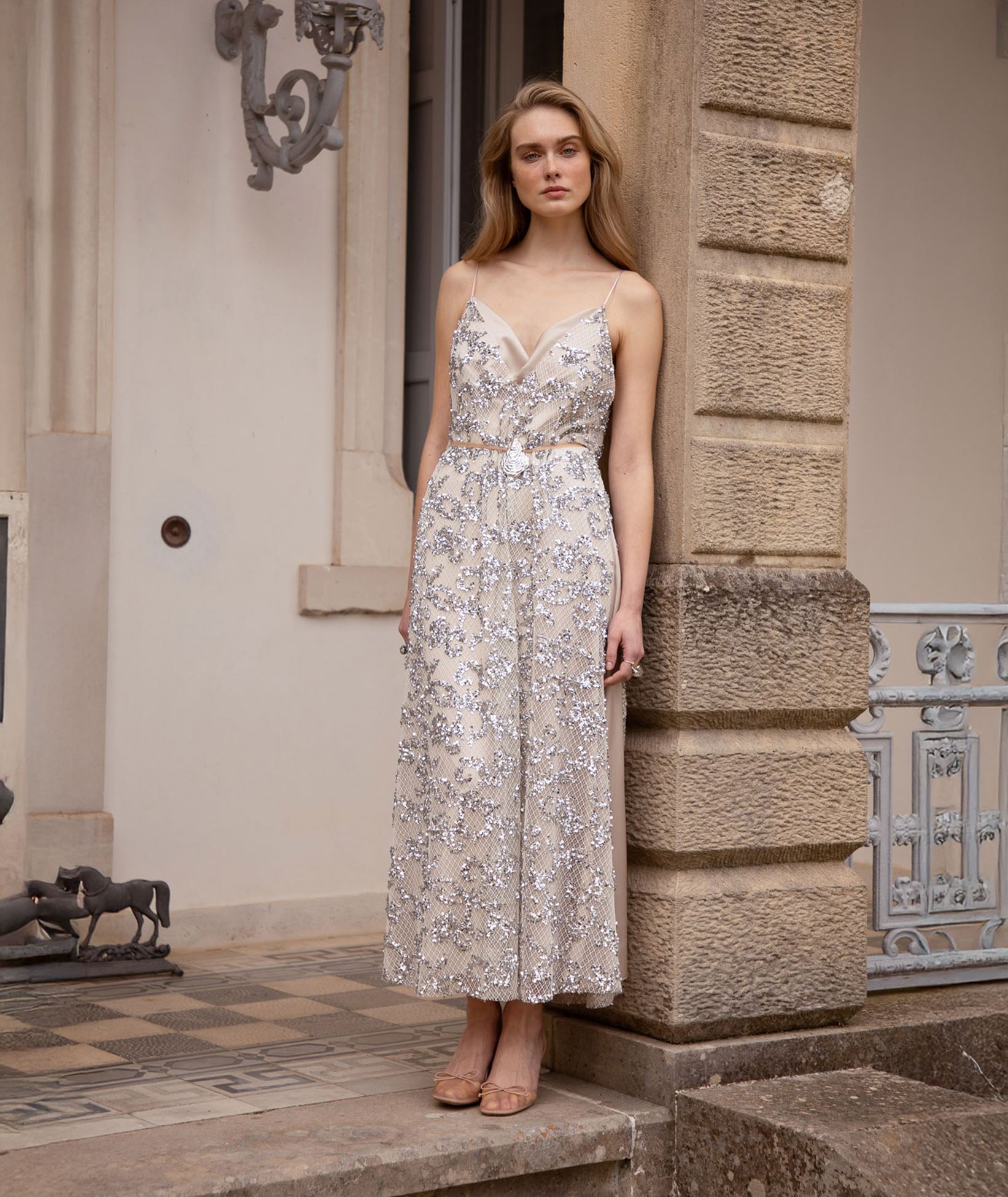 Nidodileda Beige satin Elsewhere maxi dress with sequined net | aesthet.com