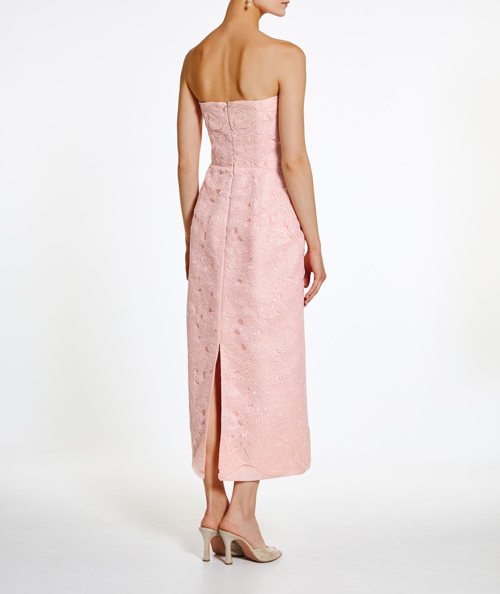 Costarellos Salmon embroidered organza strapless Jillie midi dress |  aesthet.com
