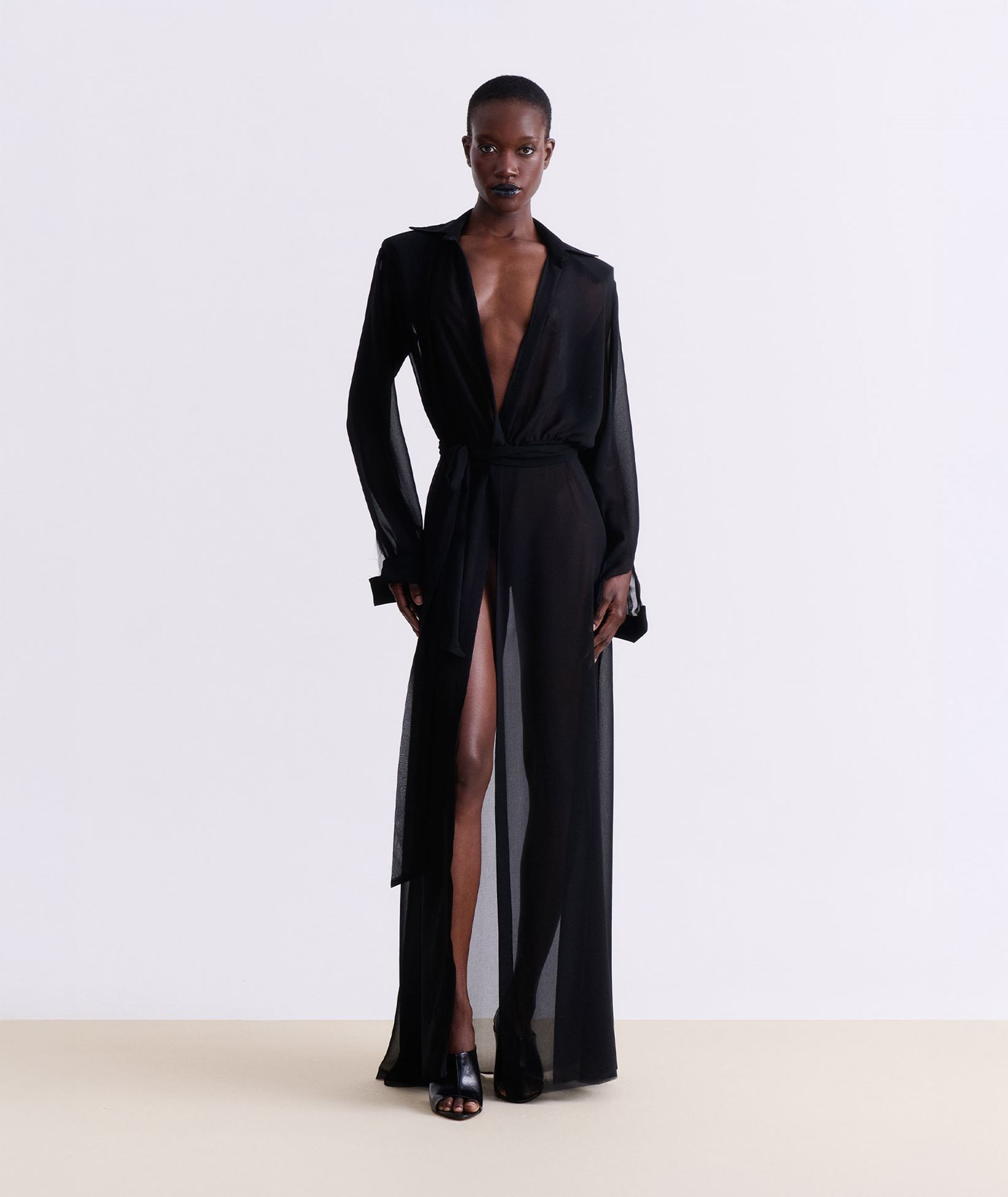 Vassia Kostara Black silk sheer maxi dress | aesthet.com