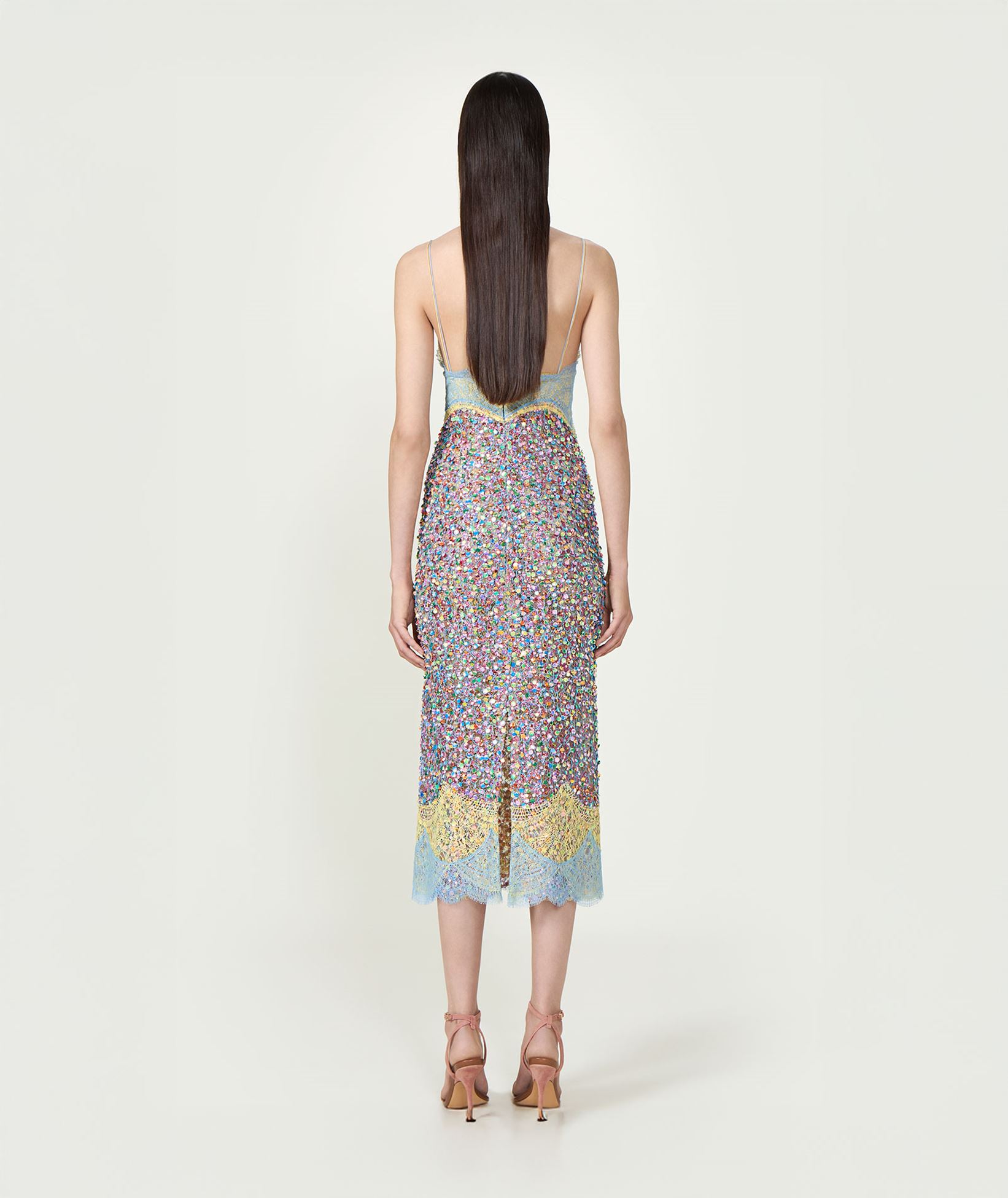 Costarellos Ciel yellow lace sequin-embellished Alessia midi dress |  aesthet.com