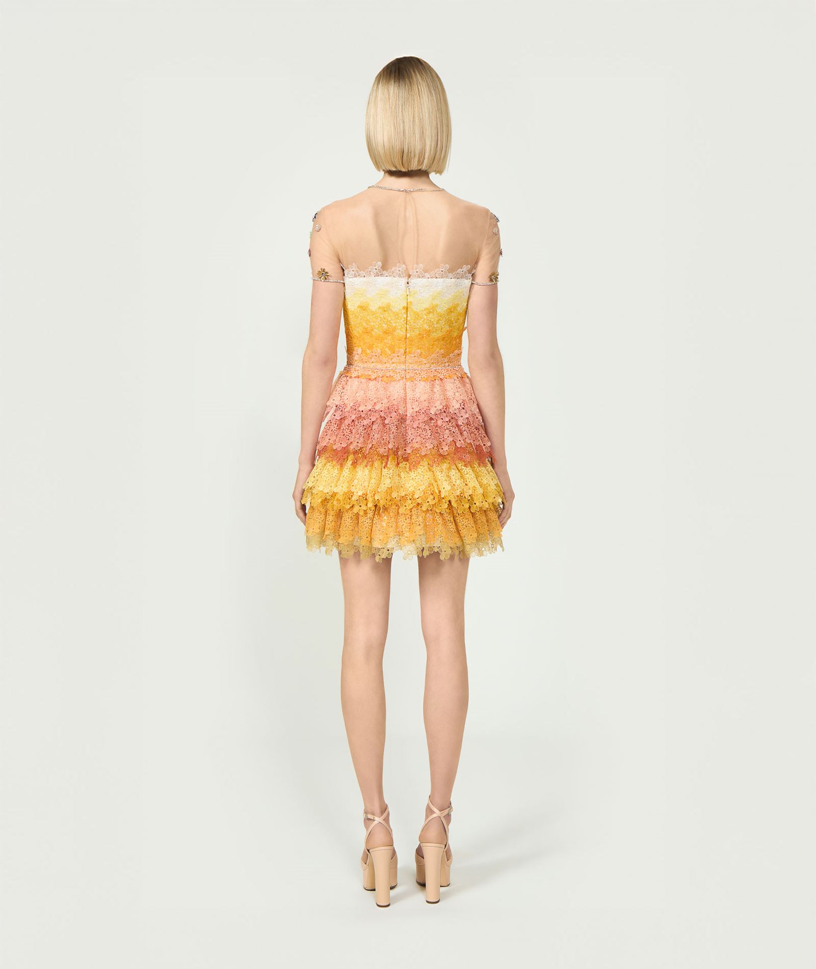 Costarellos Yellow orange ombre lace Orielle mini dress | aesthet.com