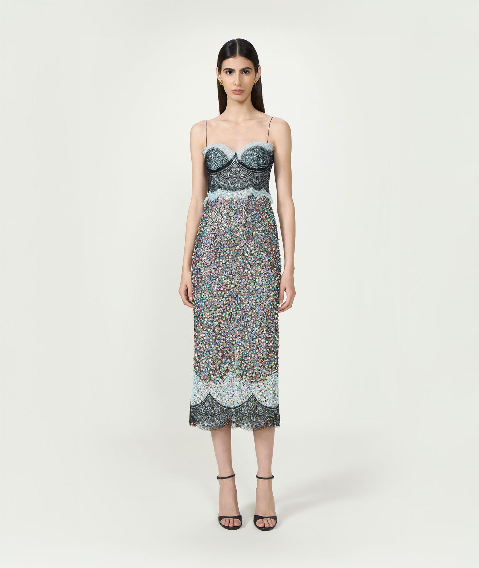 Costarellos Ciel black lace sequin-embellished Lindra midi dress | aesthet.com Costarellos Ciel black lace sequin-embellished Lindra midi dress | aesthet.com